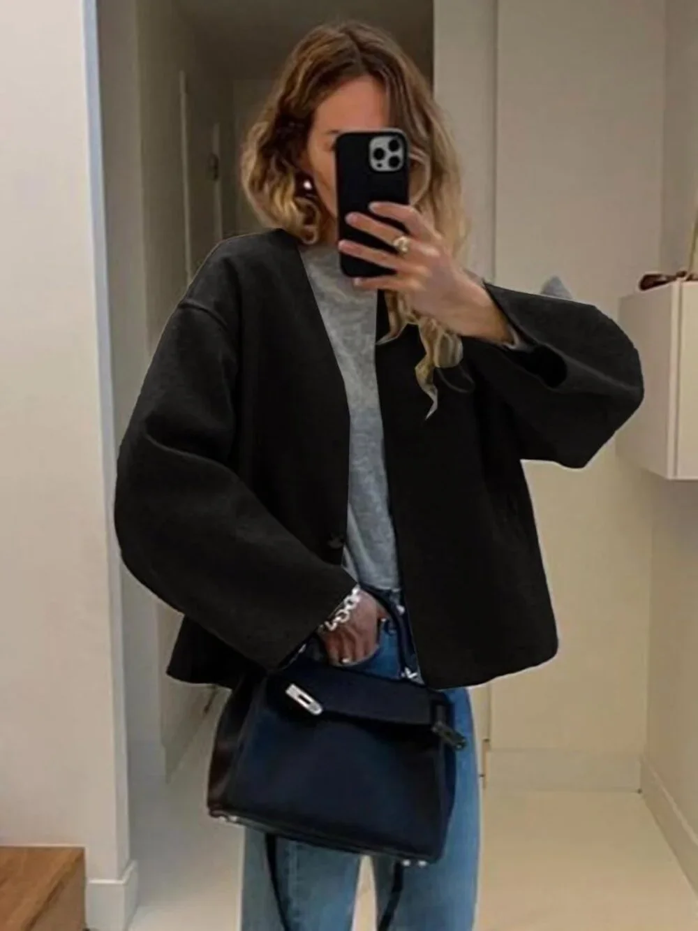Women's Black Cropped Wool Blend Short Collarless Long Sleeve Fall Pea Overcoat